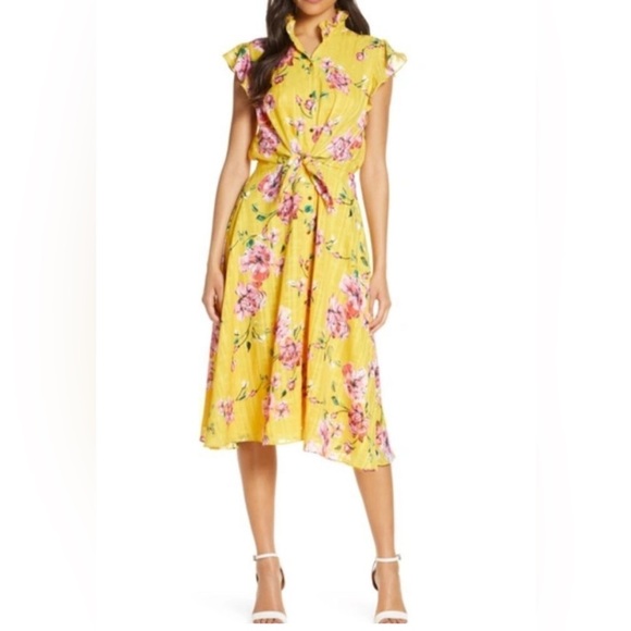 Julia Jordan midi yellow floral dress with ruffle collar - Picture 1 of 9